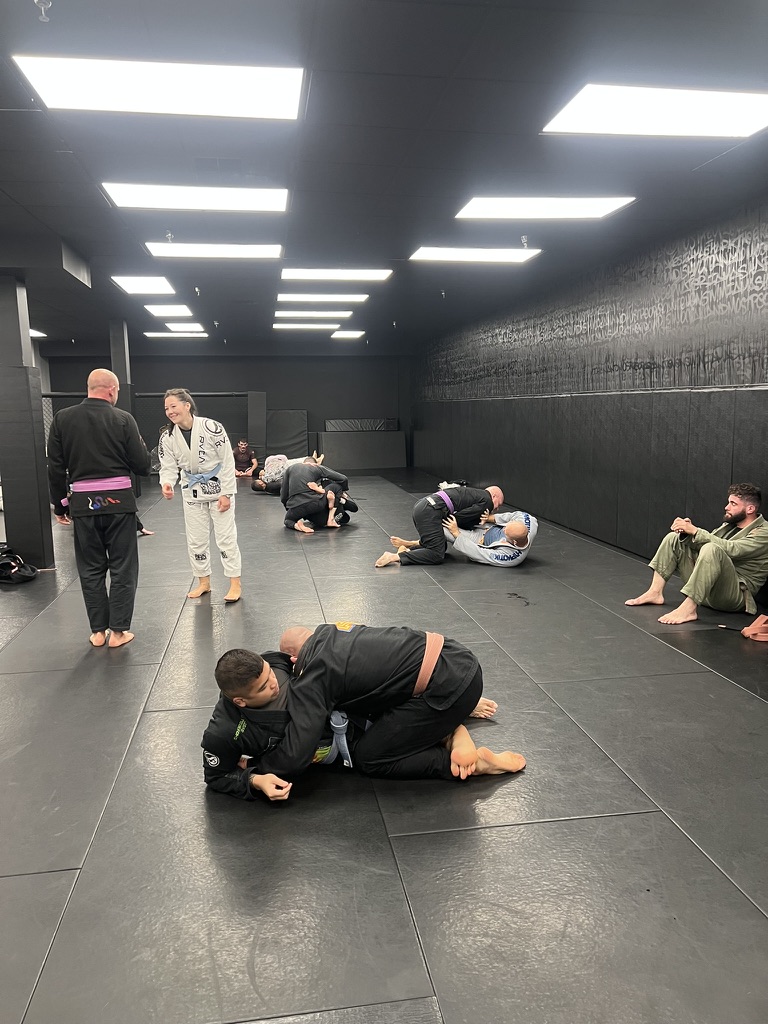 Adult BJJ Open Mat Training at Deep Water BJJ in Harrisburg Adult Brazilian Jiu-Jitsu students grappling and talking during open mat training at Deep Water BJJ in Harrisburg, PA.