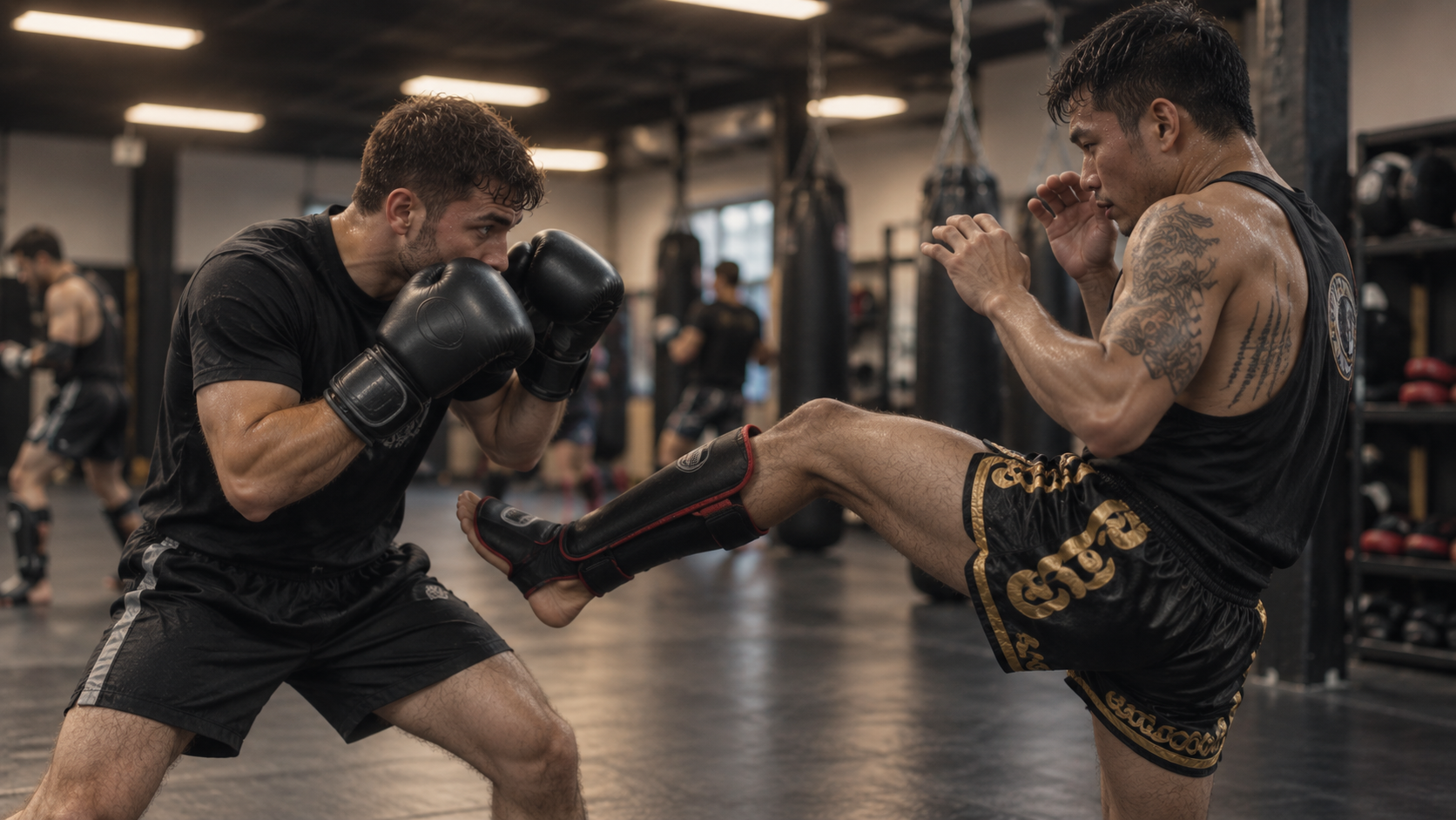 Boxer defending against a Muay Thai fighter using a teep during striking training in a martial arts gym
