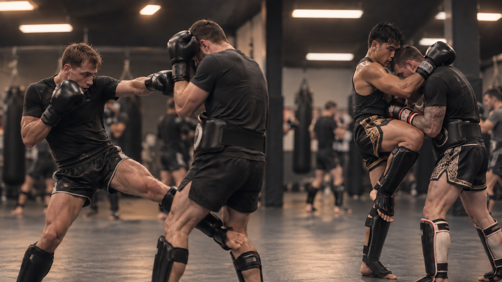 Dutch-style kickboxing low-kick combination and Thai-style Muay Thai clinch training shown side by side in a martial arts gym