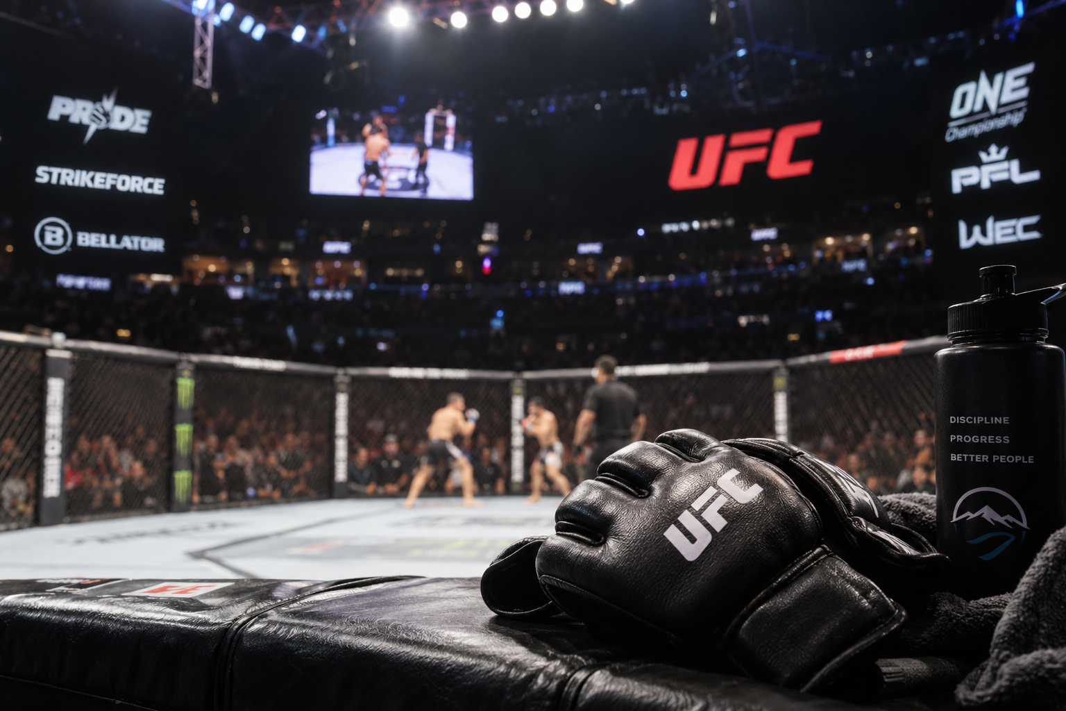 MMA gloves beside a cage with fighters competing in the background and major MMA promotion names displayed around the arena