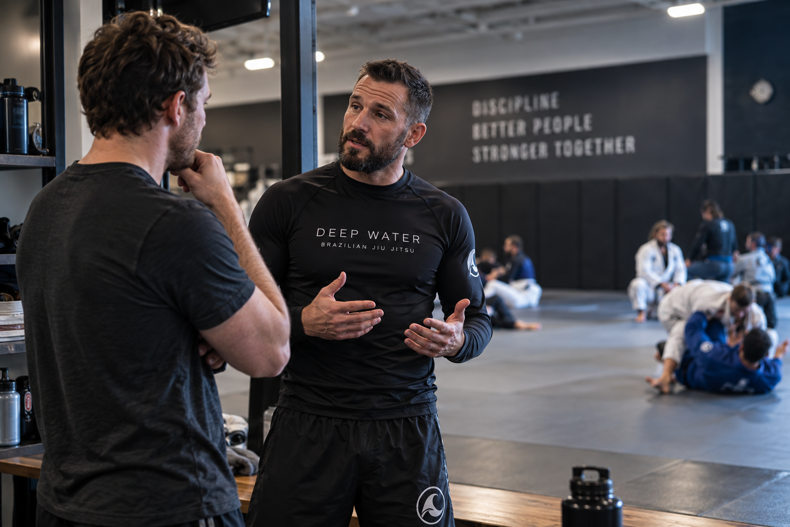 Prospective martial arts student speaking with a coach while a Brazilian Jiu-Jitsu class trains in the background