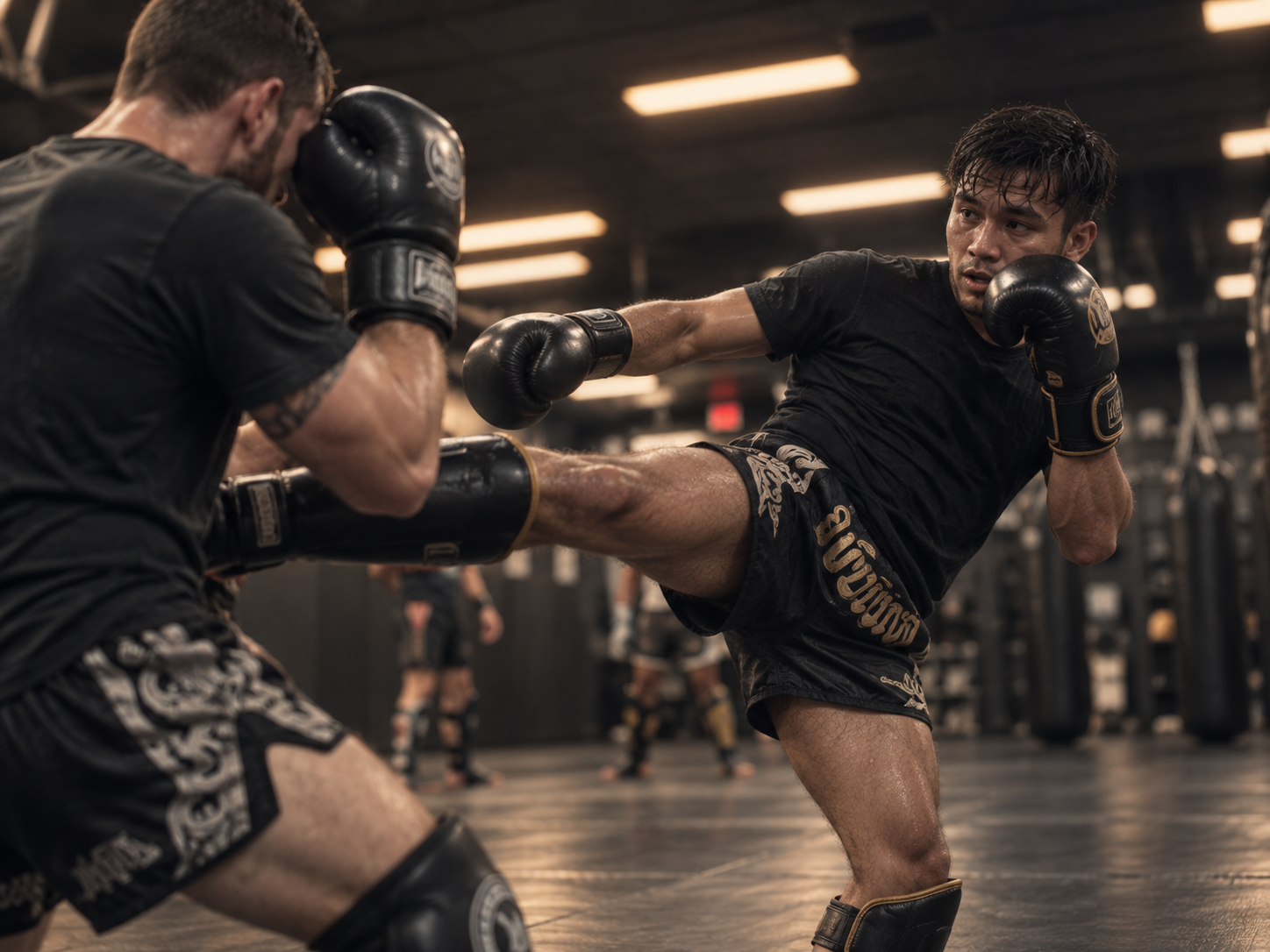 Muay Thai fighter landing a body kick on an opponent during a live exchange in training.