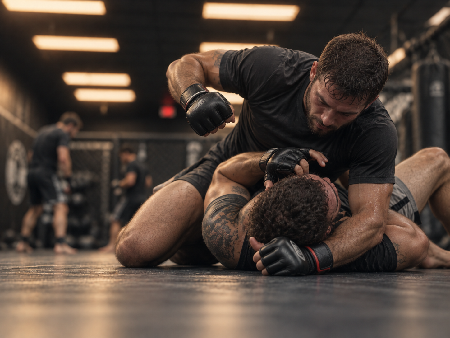 MMA fighter in top position throwing a ground-and-pound strike while an opponent defends in training.